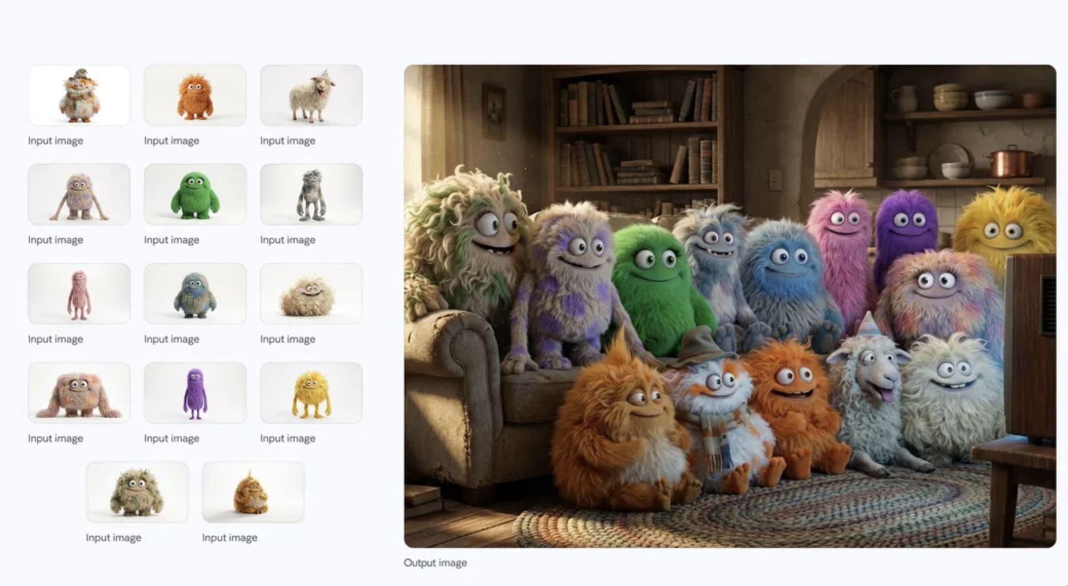 提示词:一个中景镜头,14个毛茸茸的小家伙并排挤在一张米色旧布艺沙发上和地板上。它们都面向前方,看着一台老式木盒电视机,电视机放在沙发前的一张矮木桌上。房间光线昏暗,左侧窗户透进温暖的光线,电视机的光芒照亮了小家伙们的脸庞和毛茸茸的触感。背景是一个温馨略显凌乱的客厅,铺着编织地毯,书架上摆放着旧书,远处可见一些质朴的厨房元素。整体氛围温暖、舒适而又充满趣味。