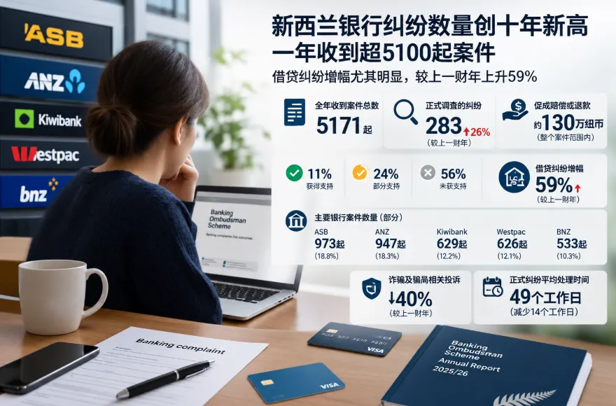 新西兰银行纠纷数量创十年新高：一年收到超5100起案件